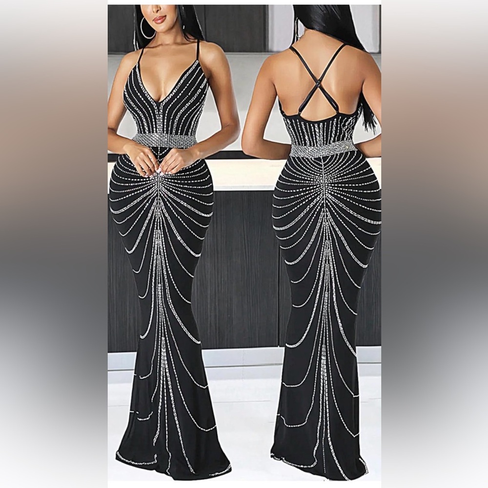 Windsor Black Beaded Maxi Dress with Rhinestone Waist